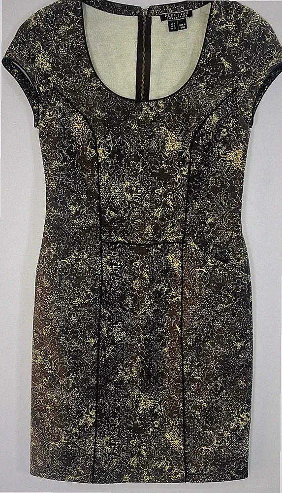 Peruvian Connection Etuikleid UK 6 braun creme Print Baumwolle Stretch Reißverschluss hinten