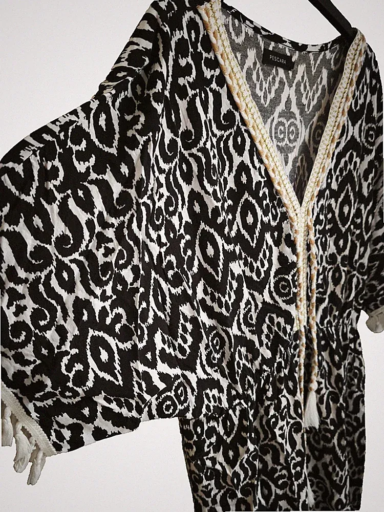 Pescara Tunika Kleid S/M Schwarz Weiß Viskose Boho Strand Sommer Fransen