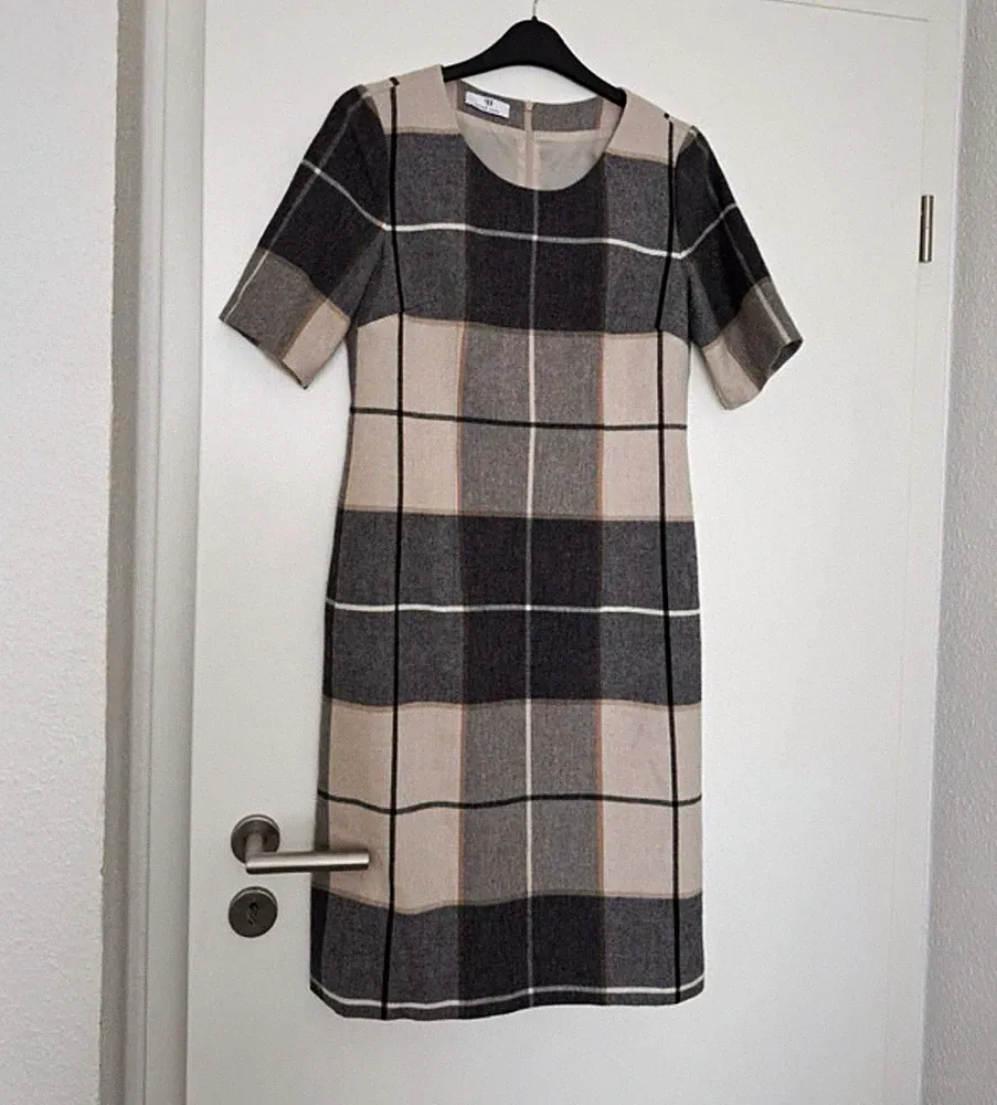 Peter Hahn Damen Etuikleid Tweed Schurwolle kariert grau/beige Kurzarm Gr. 36