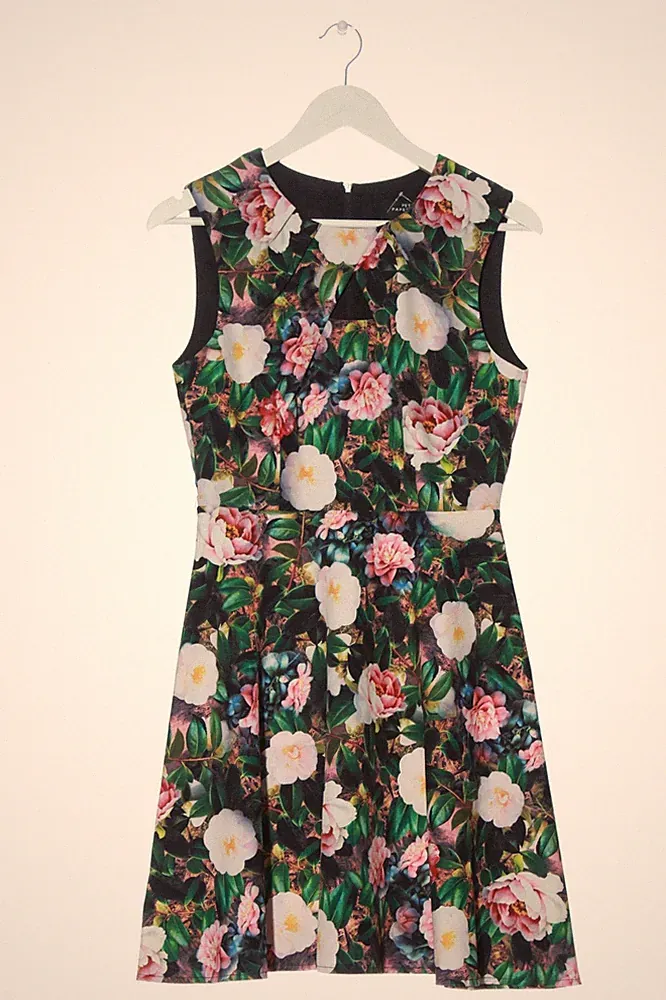 PETITE A-Linien Kleid Damen Kleid Gr. DE 38 grün-pink-weiß Elegant