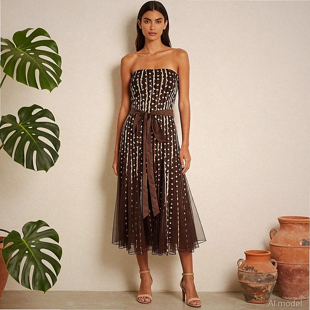 Phase eight Abend Vintage Midi Kleid Braun Weiß Geometrisch Mesh A-Linie Gr. 40