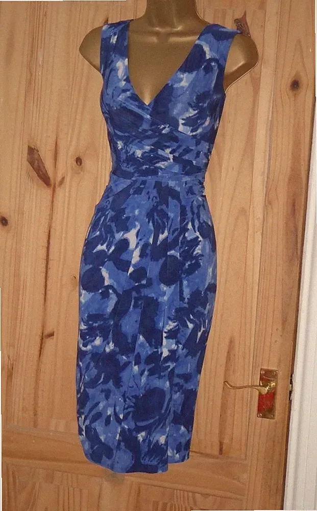 Phase Eight blau Stretch Sommer Bleistift Kleid Gr. 12 Urlaub Hochzeit Gast Wickel