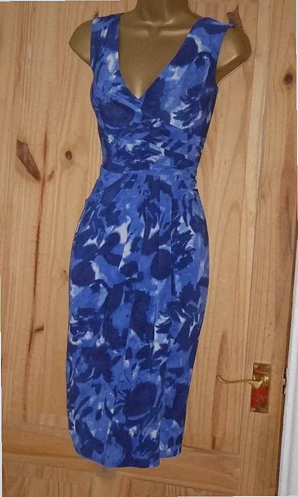 Phase Eight blau Stretch Sommer Bleistift Kleid Gr. 16 Urlaub Hochzeit Gast Wickel
