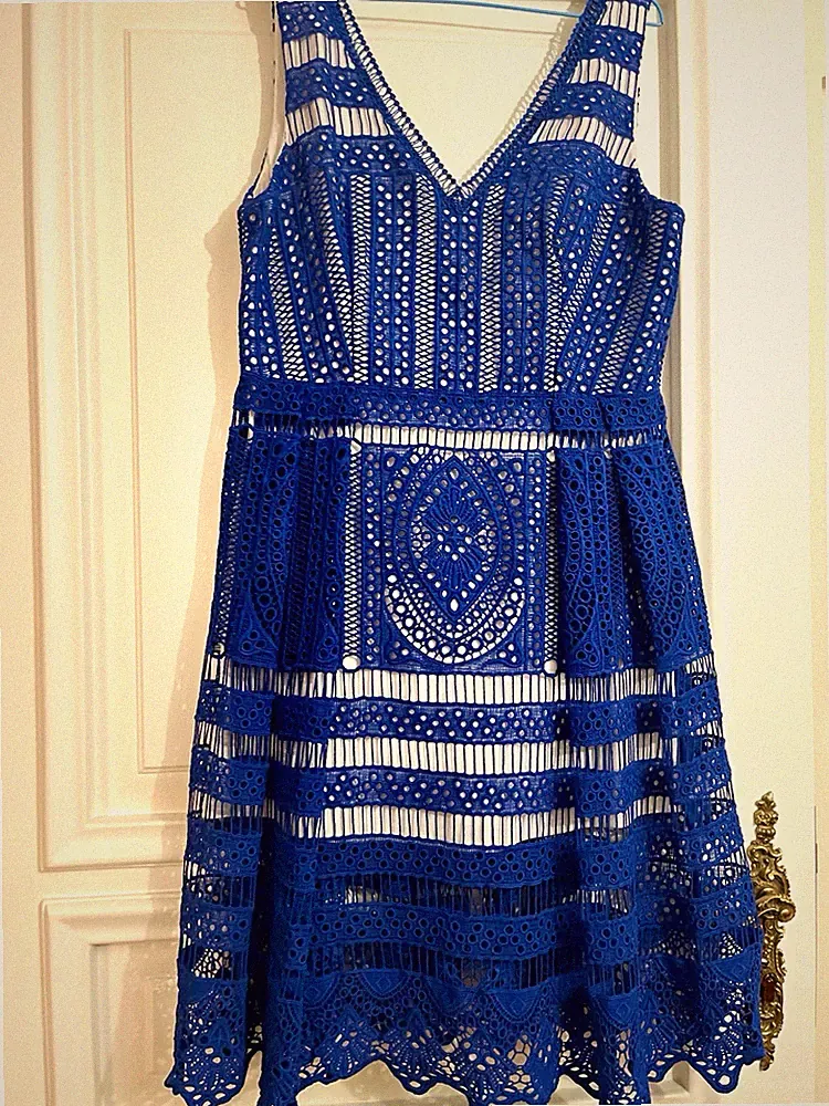 Phase Eight Damen Kleid Blau Spitze ärmellos V-Ausschnitt knielang Gr. 16 RV