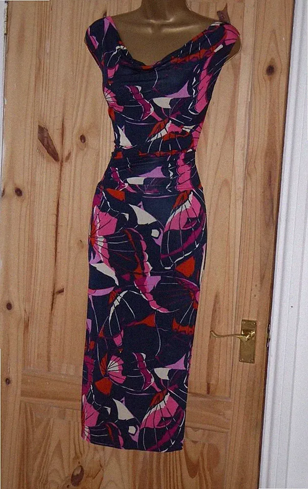 Phase Eight Gr. 14 Kleid Hochzeitsgast Navy Rosa Schmetterling Stretch Midi Bleistift