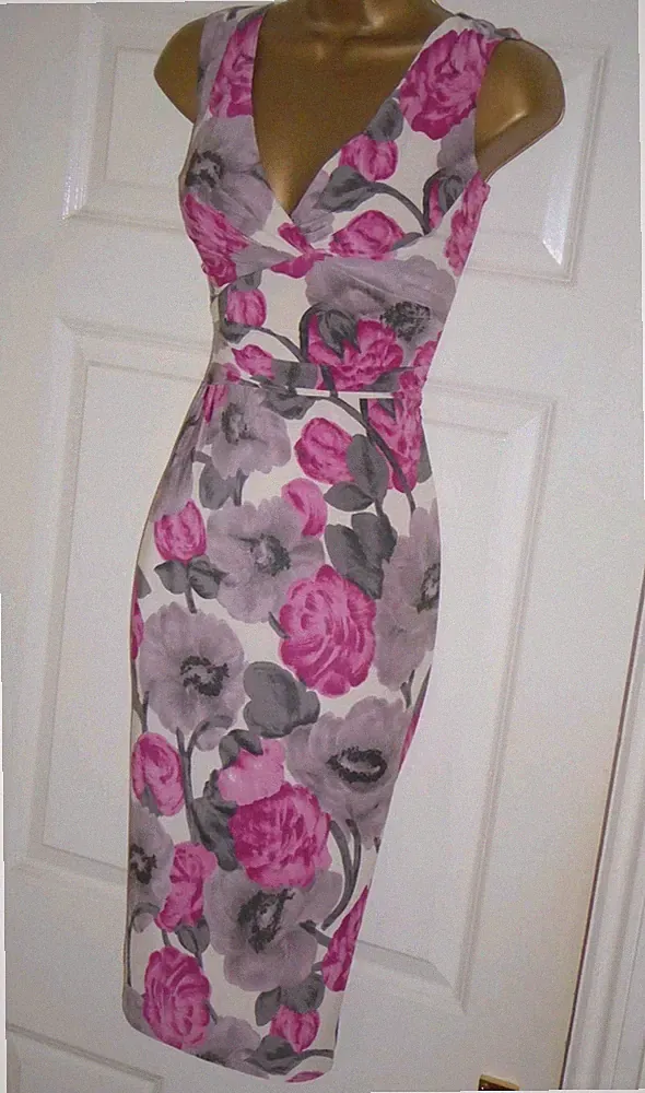 Phase Eight Hochzeitsgast Kleid Gr. 14 Midi stretchig rosa Blumen Abend Party