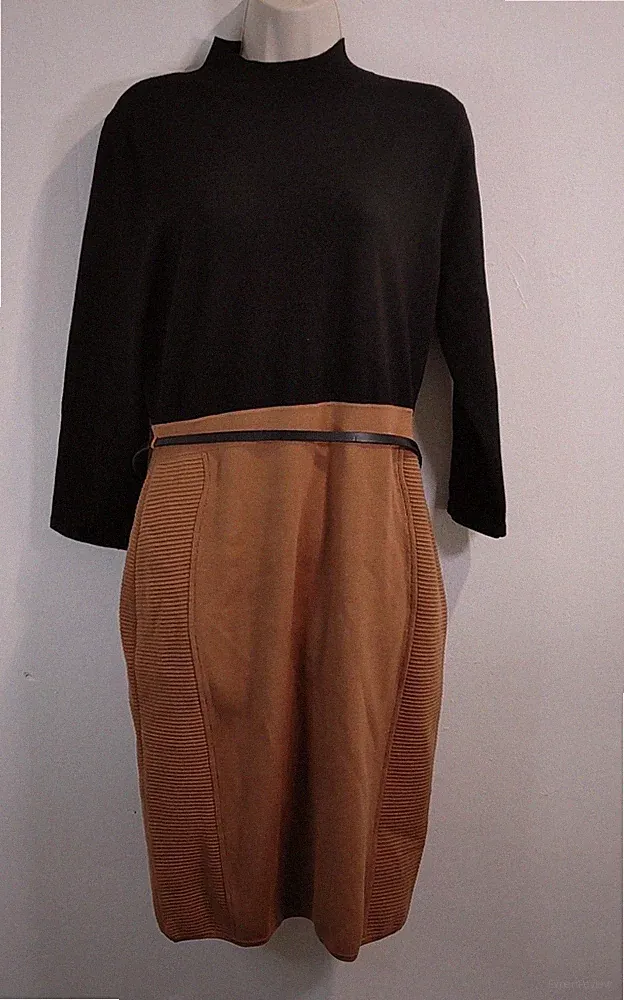 Phase Eight Kleid Damen UK 16 schwarz camel Viskose Strick Gürtel Midi mit Etikett