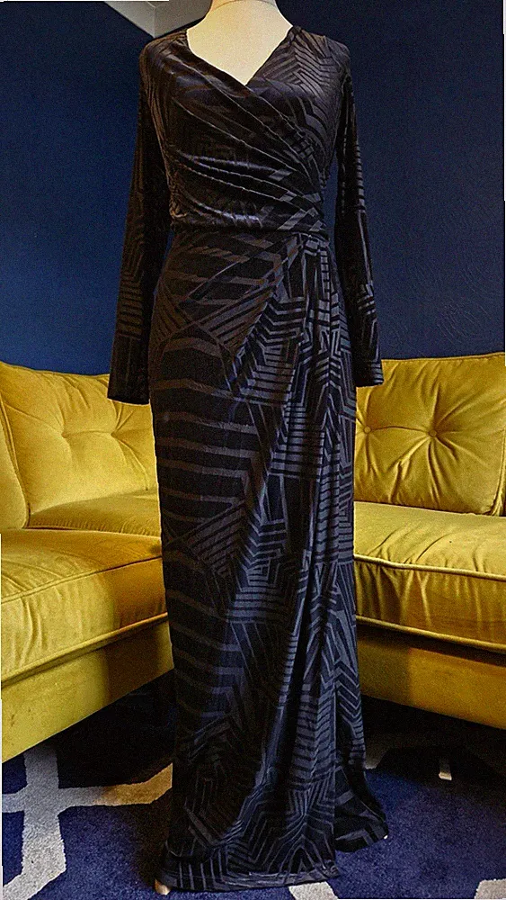 PHASE EIGHT Kleid Gr. 12 Schwarz Samt Streifen Langarm Hochzeit Gast Party