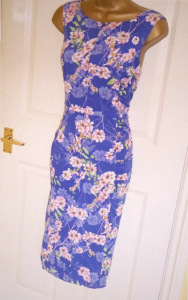 Phase Eight Kleid Gr. 14 12 blau geblümt Sommer Abend Bleistift Hochzeit Gast