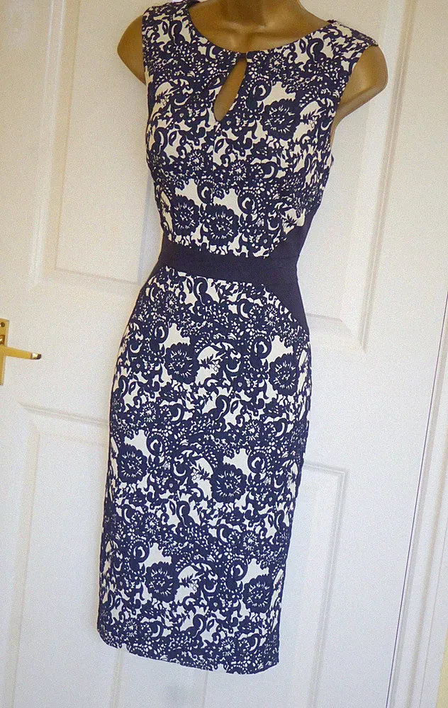 Phase Eight Kleid Gr. 14 Blumen Stretch Hochzeit Gast Anlass Navy Bleistift
