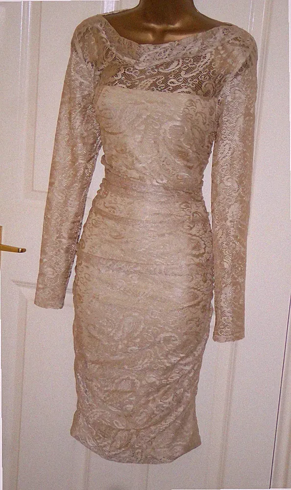 Phase Eight Kleid Gr. 14 Hochzeitsgast champagner Spitze gerafft Bleistift Anlass