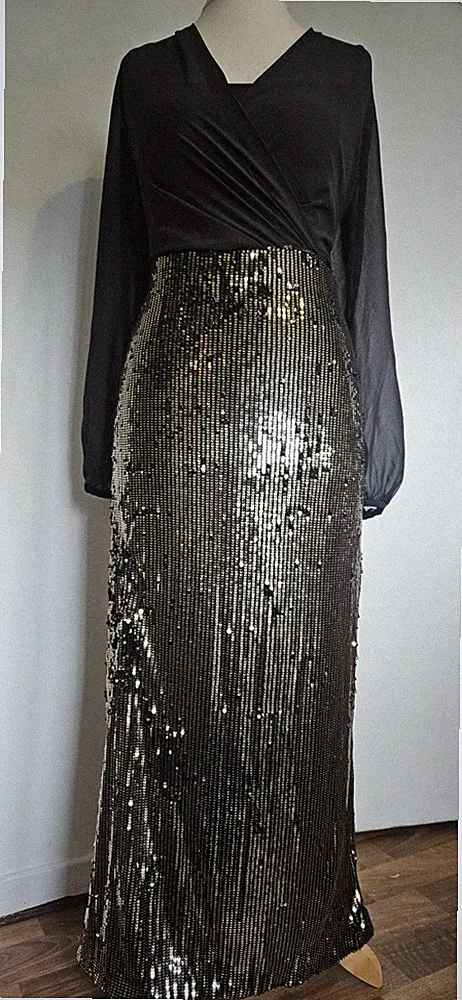 PHASE EIGHT Kleid Gr. 18 Maxi Pailletten schwarz gold Party Hochzeit Gast Petite