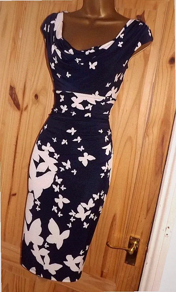 Phase Eight Marine Creme Hochzeitsgast Kleid Gr. 10 Schmetterling Stretch Bleistift