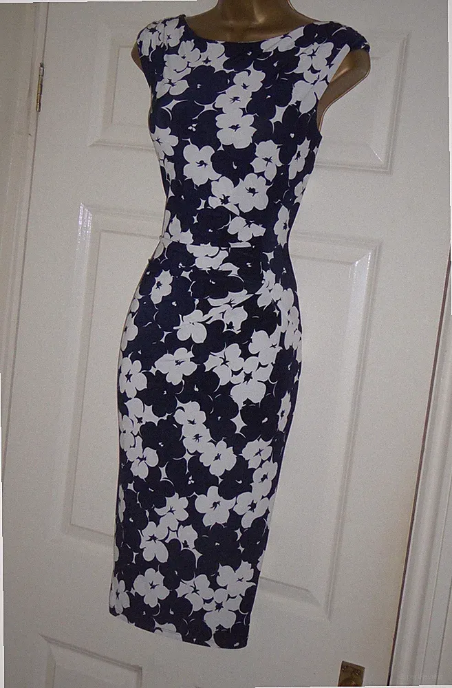 Phase Eight marineblau weiß Blumen Hochzeit Gast Kleid 12 Sommer Stretch Bleistift Party