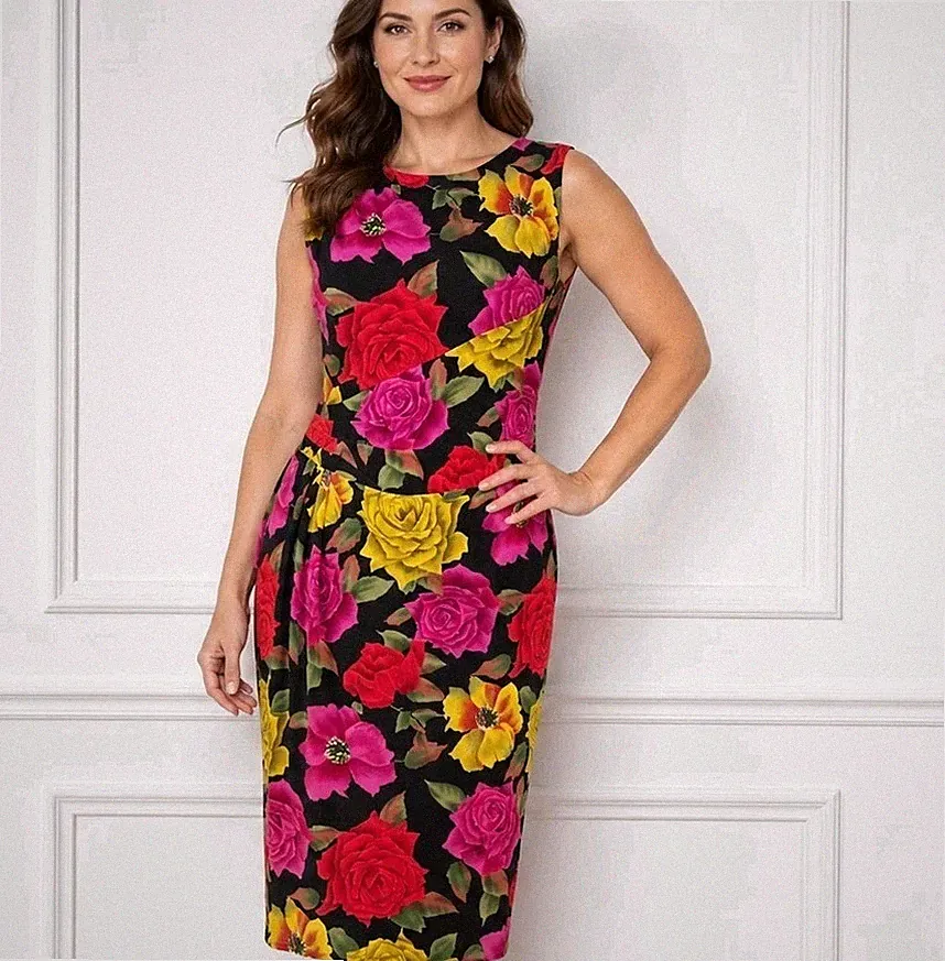 Phase Eight Midikleid schwarz Blumen UK 16 tailliert Anlass Hochzeit Gast Party