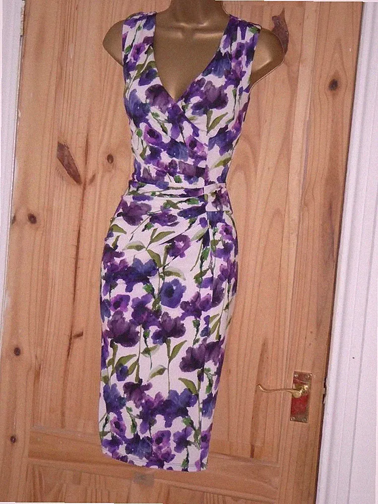 Phase Eight Sommer Hochzeitsgast Kleid Gr. 14 12 lila Blumen Stretch Bleistift