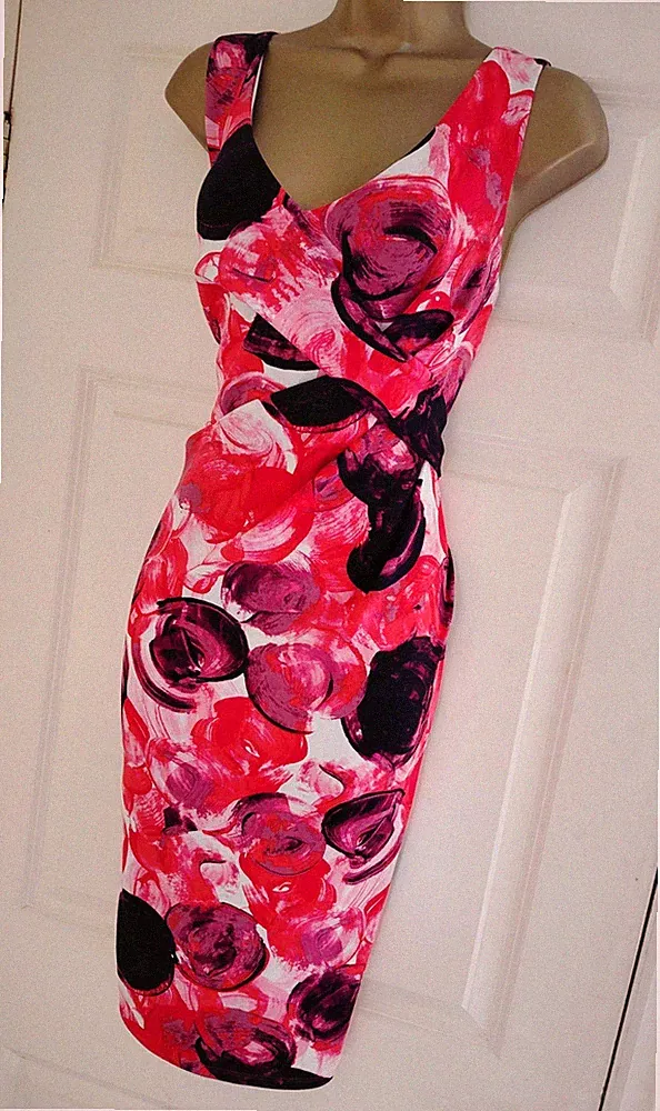 Phase Eight Sommer Hochzeitsgast Kleid Gr. 14 rot rosa Print Stretch Bleistift