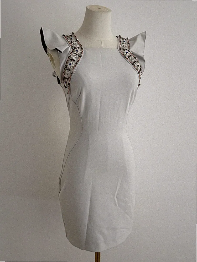 Pinko Designer Kleid Weiß Perlenbesatz Cocktailkleid Etuikleid XS S