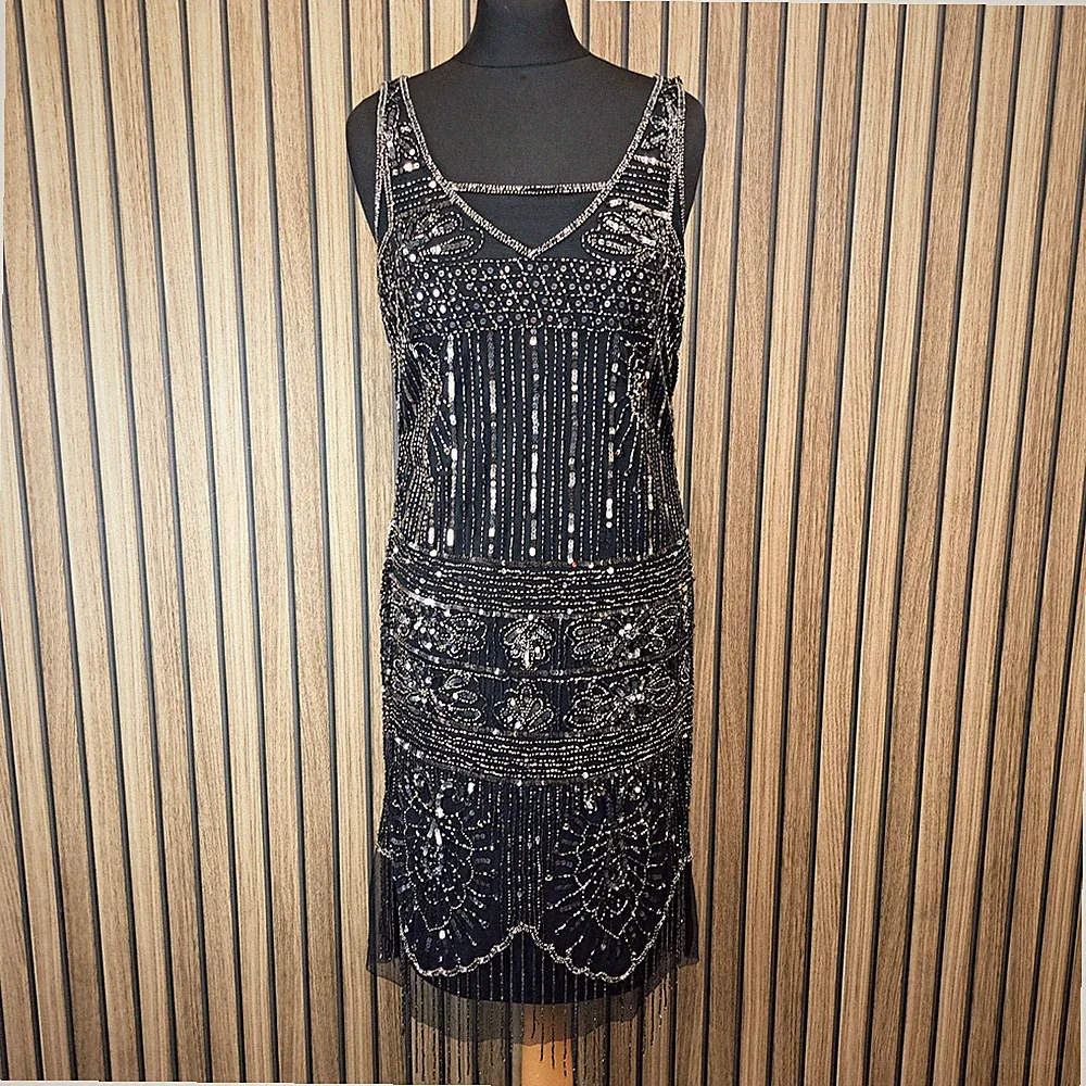 Pisarro Nights Damen schwarz & silber Perlen Pailletten Flapper Kleid Größe 12 UK