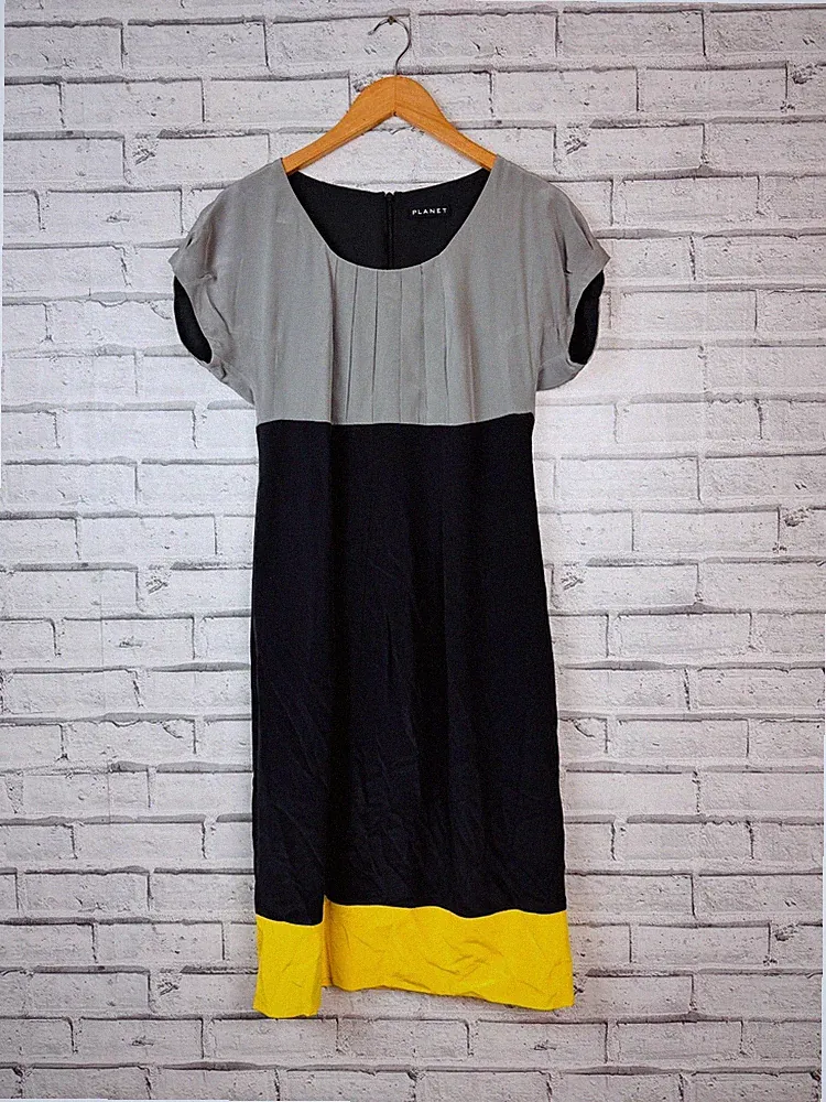 Planet grau gelb Farbblock Seidenkleid Arbeit Rennen Hochzeit Gast - Größe 8