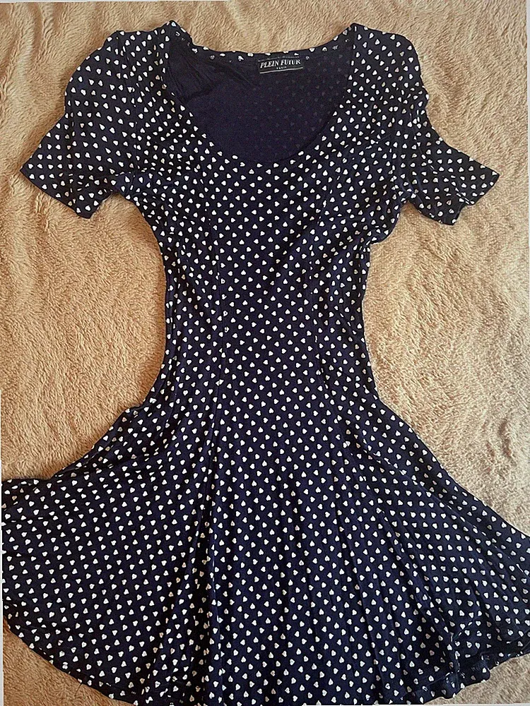 Plein Futur Damen Kleid M kurz A-Linie Kurzarm Herzmuster Blau/Weiß Rundhals