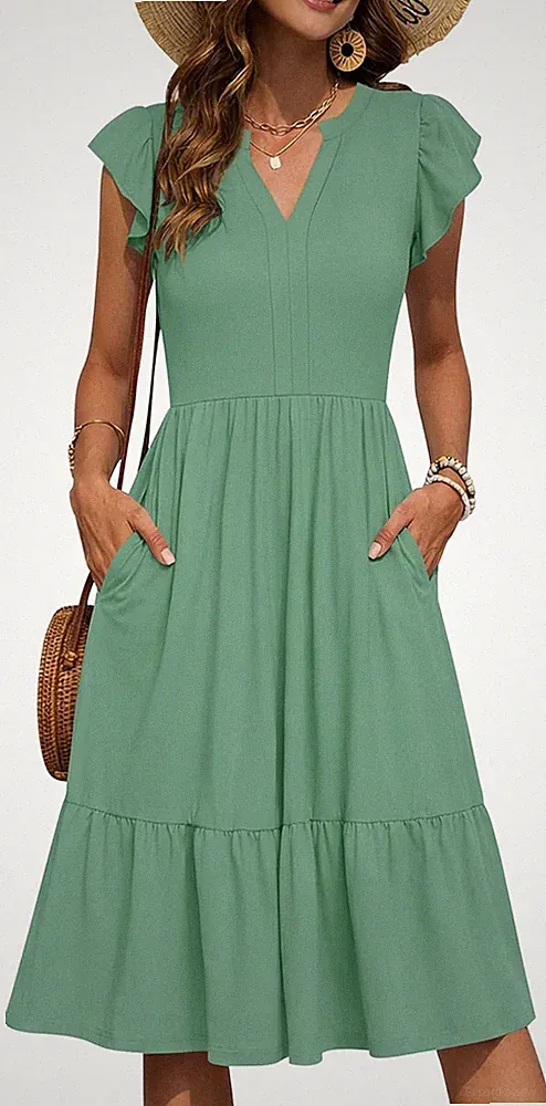 PLMOKEN Sommerkleid Damen Midi V-Ausschnitt A-Linie Kleider Kurzarm Rüschen Ärme