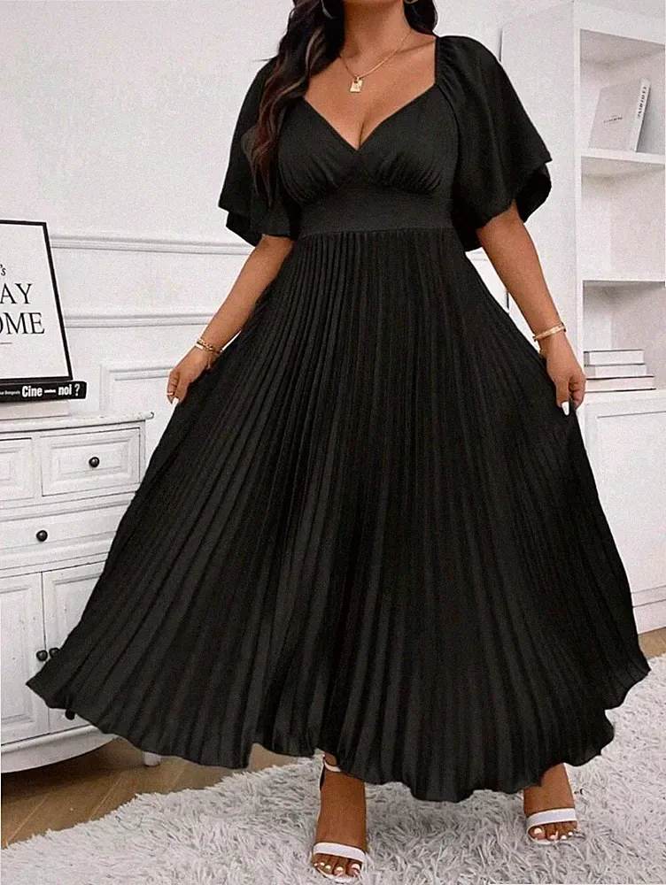 Plus Size Große Größen Kleid Maxikleid Maxi A-Linie Plissee Elegant 44-52