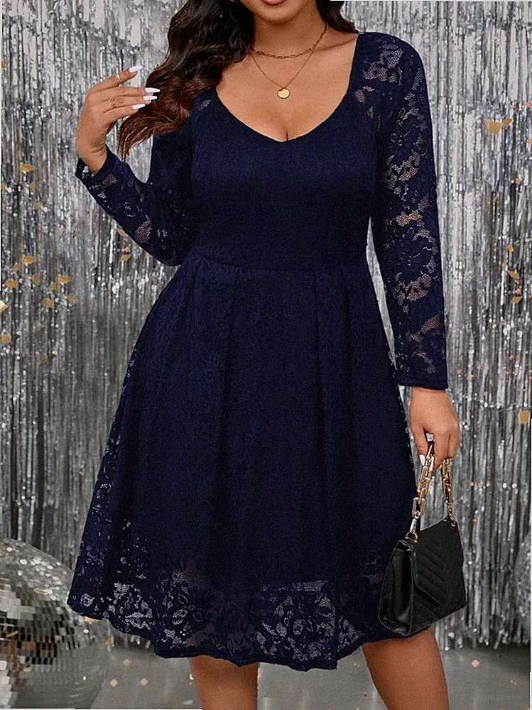 Plus Size Große Größen Kleid Midikleid Midi A-Linie Spitze Taille Langarm 44-54