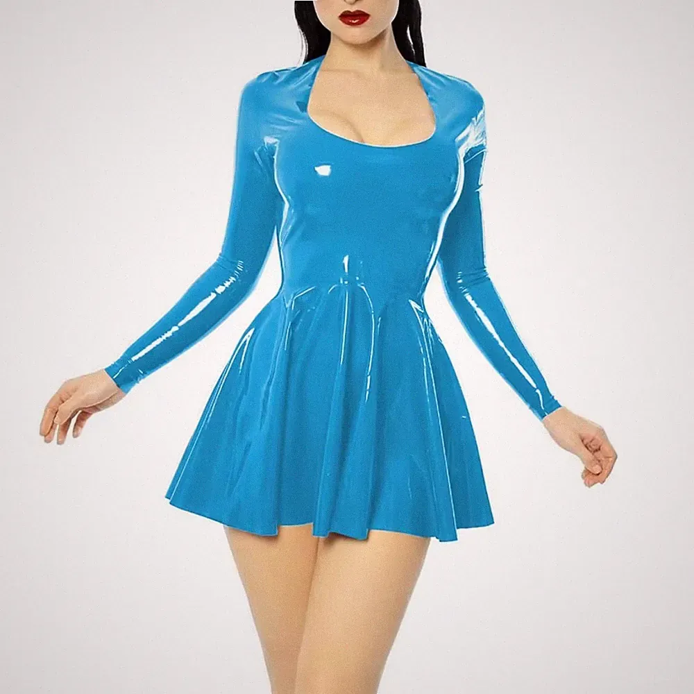 Plus Size Minikleid A-Linie PVC U-Ausschnitt Langarm Bodycon Plissee-Kleider
