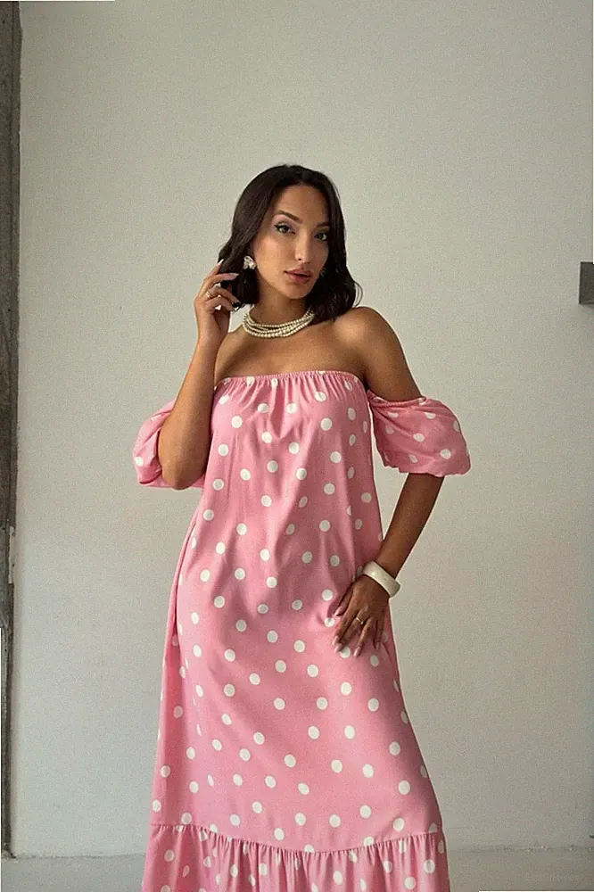 Polka Dot Maxi Kleid Rosa Weiß Sommer S carmen Ausschnitt Ballonärmel