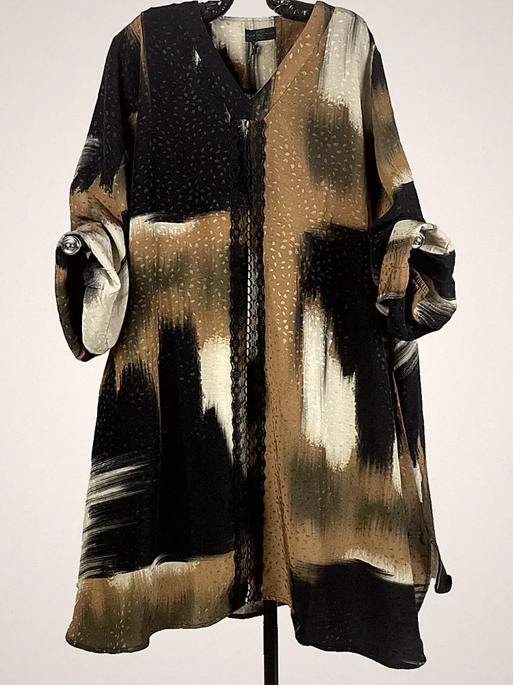 PONT NEUF Elegante A-Form Kleid/Tunika PRINT Beige/Ecru/Brauntönen - L/46