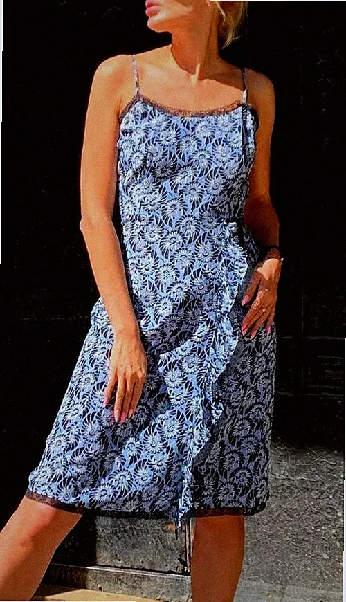 Prada Kleid Blumenmuster Seide Spitze getrimmt Rüschen A-Linie Midi Blau IT40