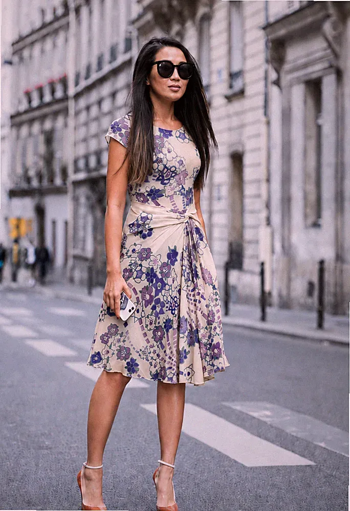Prada Vintage Floral Print Ruched Ivory Asymmetric Silk Crepe Dress IT40