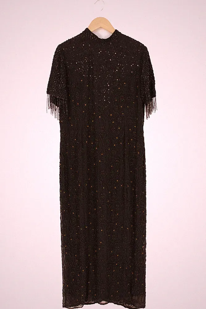 PRESTIGE Damen Etuikleid Gr. 46/3XL Schwarz Pailletten Vintage Abendkleid