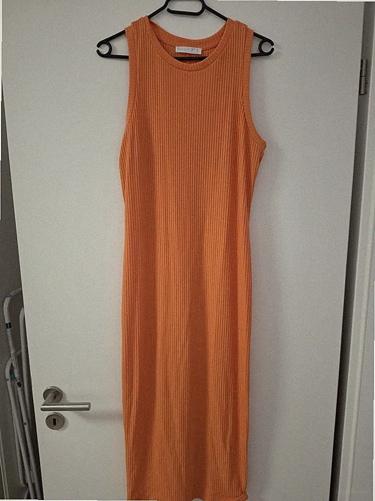 Primark Damen Etui Kleid Midi orange Ripp ärmellos Rundhals unifarben Gr. 42