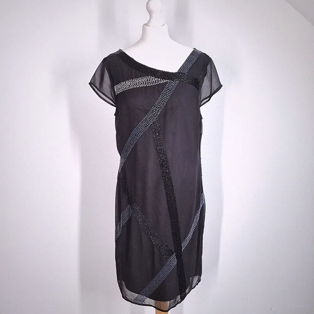 Principles Partykleid schwarz UK 14 Perlen Glitzer gefüttert Chiffon Cocktail Pailletten
