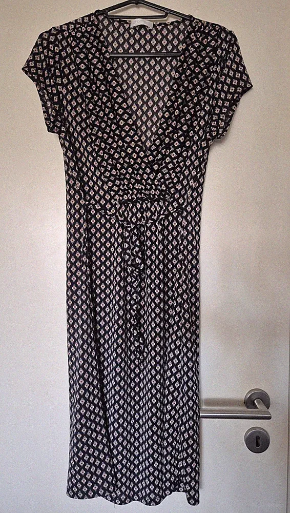 promod Damen Maxikleid Abendkleid Gr. M Schwarz/Beige geometrisch Gürtel