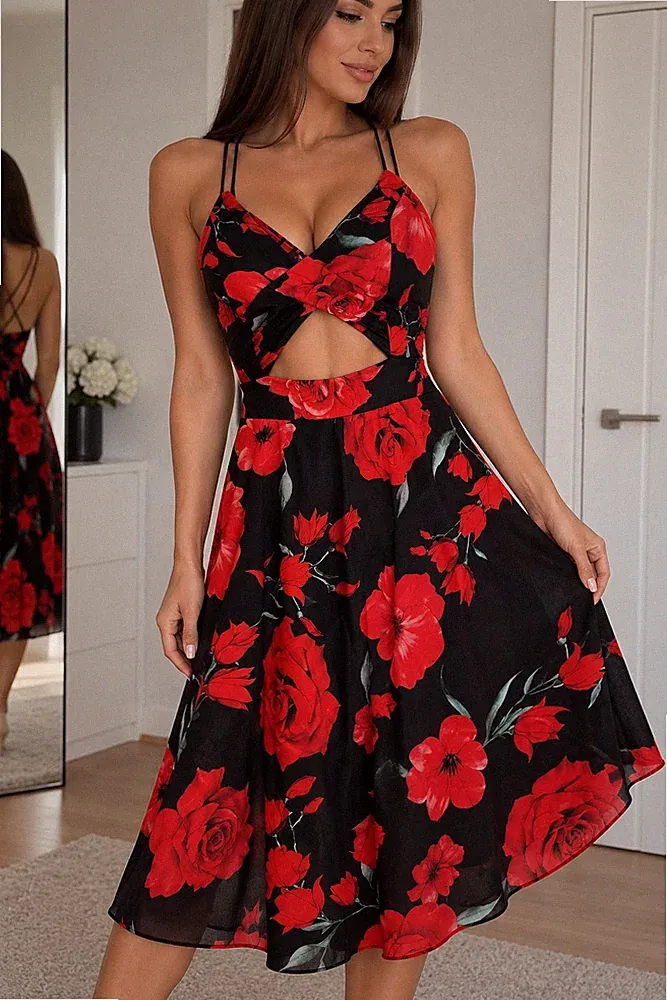 Pronto Moda Damen Midi A-Linien-Kleid S V-Ausschnitt Cut-Out Blumen schwarz/rot