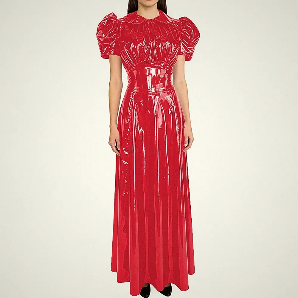 Puffärmel Maxikleider PVC Leder A-Linien Kleid Events Puppenkragen Kleid