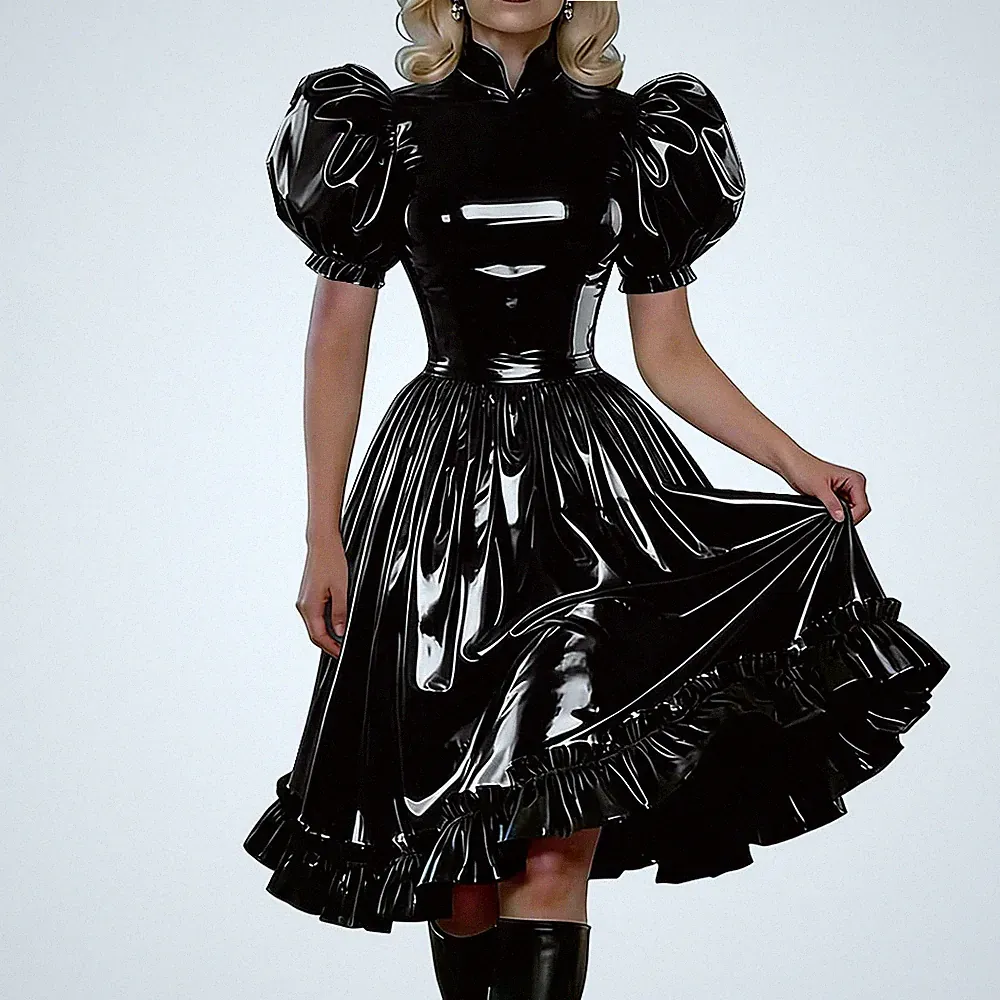 Puffärmel PVC Kleid Hohe Taille Gerafftes Kleid Cosplay Dienstmädchen Outfits