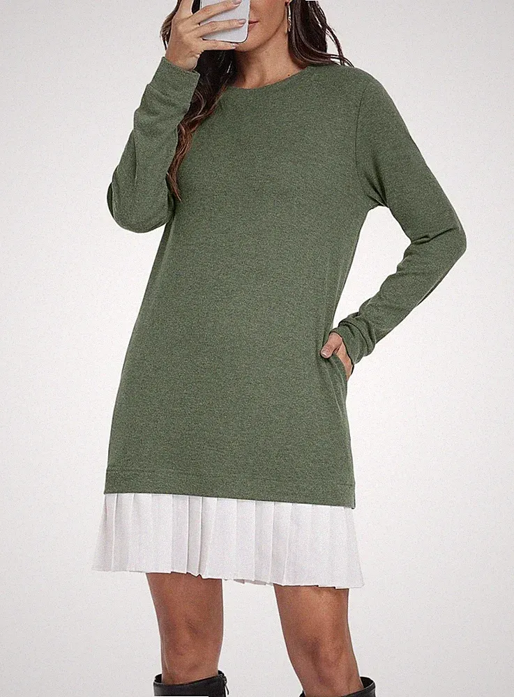Pulloverkleid Damen Winter A Linie Minikleid Mit Taschen Elegant Warm Winterk...