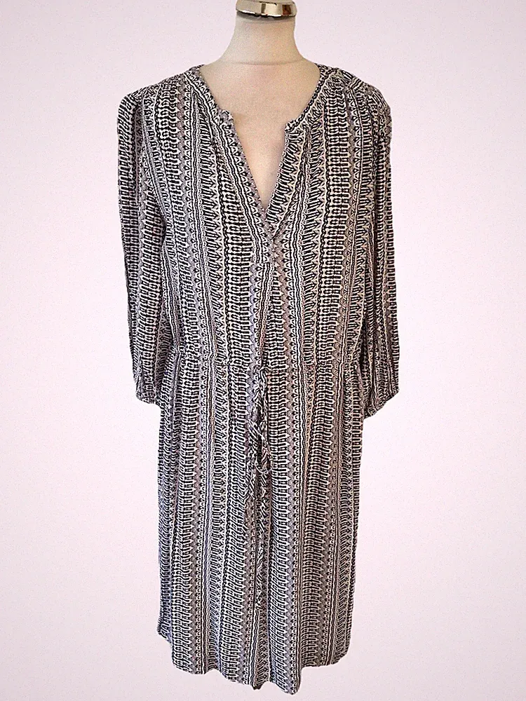 PURE COLLECTION BLAU & WEISS BEDRUCKT 3/4 ÄRMEL KORDELZUG TAILLE KLEID GRÖSSE 14