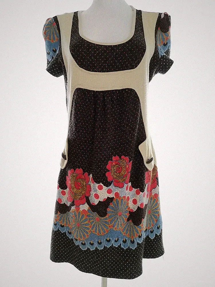 PUSSYCAT Damen A-Linien-Kleid Gr. M Schwarz Acryl Kurzer Ärmel Punkte Midi