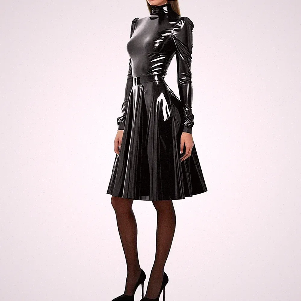 PVC Leder A-Linie Kleid Party Puffärmel PU Kleider Hoher Hals Maxikleid