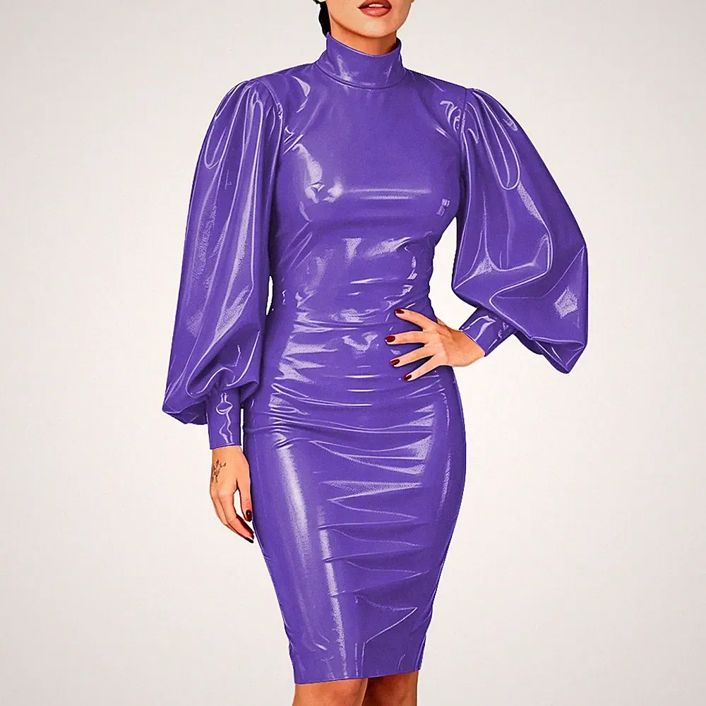 PVC Leder Etuikleid Puffärmel Kleid Party Club Abendkleider