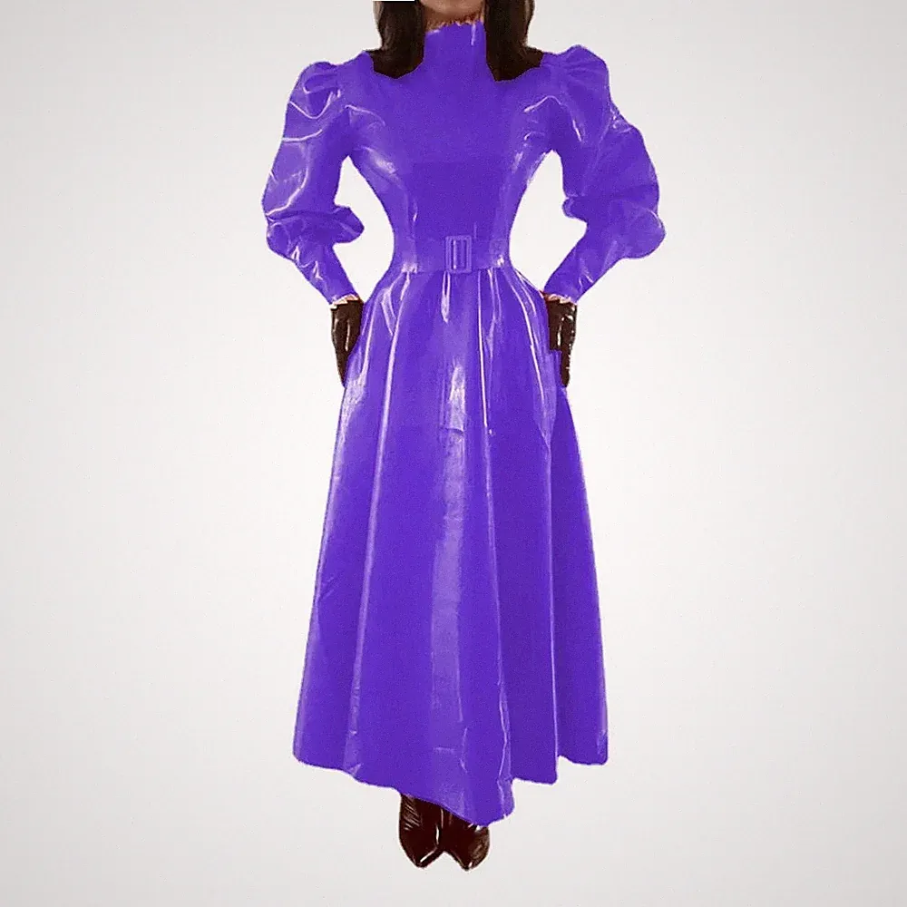 PVC Leder Puffärmel Kleid Partygürtel Ausgestelltes Kleid Party Club Outfits