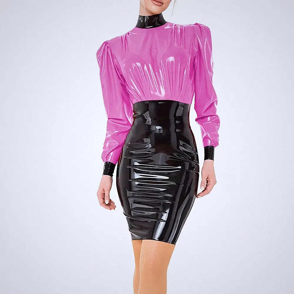 PVC Leder Vestidos Langarm Elegantes Kleid Mode Patchwork Etuikleid