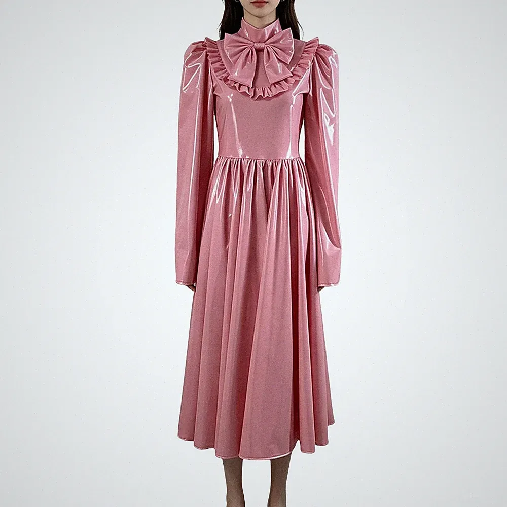 PVC Midikleid Hoher Hals Schleife Ausgestellt Langarm Plissee A-Linie Kleider
