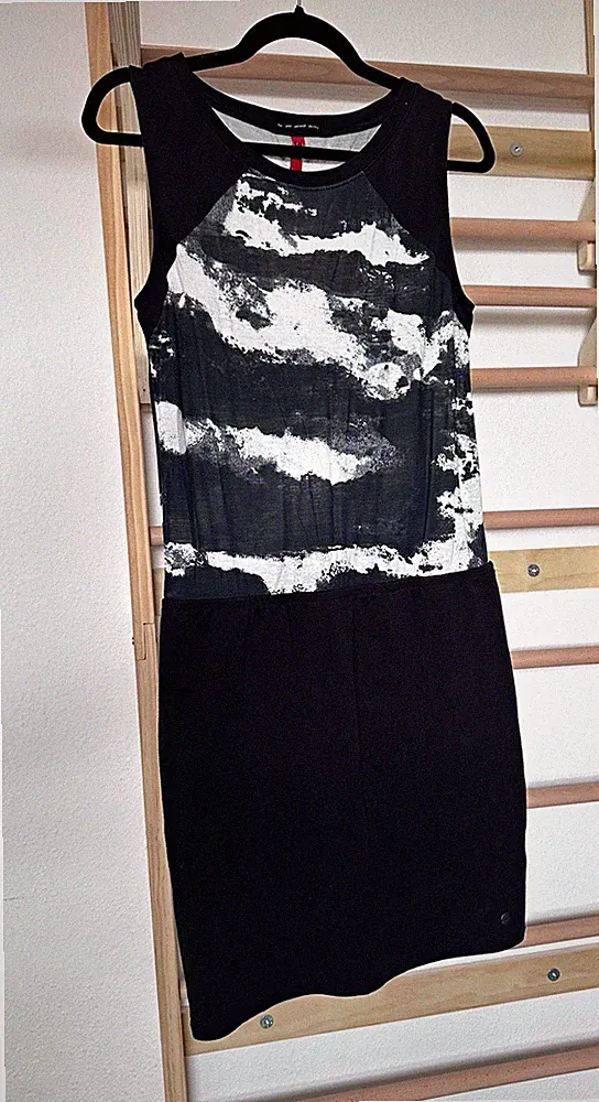 QS Damen Etui-Kleid Gr L ärmellos schwarz/weiß Baumwolle Jersey S.Oliver