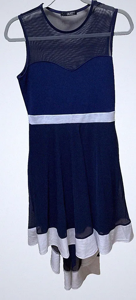 Quiz dunkelblaues Skaterkleid UK 12 Party Hochzeit Gast Netz Illusion hoch niedrig